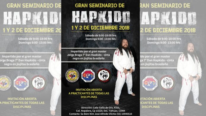 Uno de los grandes exponentes mexicanos del hapkido, el profesor Jorge Braga, ofrecerá un Gran Seminario de este arte marcial coreano para la defensa personal, el próximo fin de semana al sur de la CDMX.