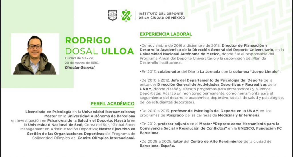 Rodrigo Dosal Ulloa, INDEPORTE. Imagen indeporte cdmx