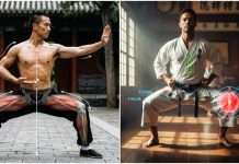 La ciencia detrás de la “Postura a Caballo” y su impacto en el sistema endocrino Hombre practicando la Postura a Caballo de artes marciales con técnica perfecta, ilustrando la alineación biomecánica y el esfuerzo isométrico.