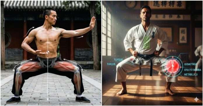 Hombre practicando la Postura a Caballo de artes marciales con técnica perfecta, ilustrando la alineación biomecánica y el esfuerzo isométrico.