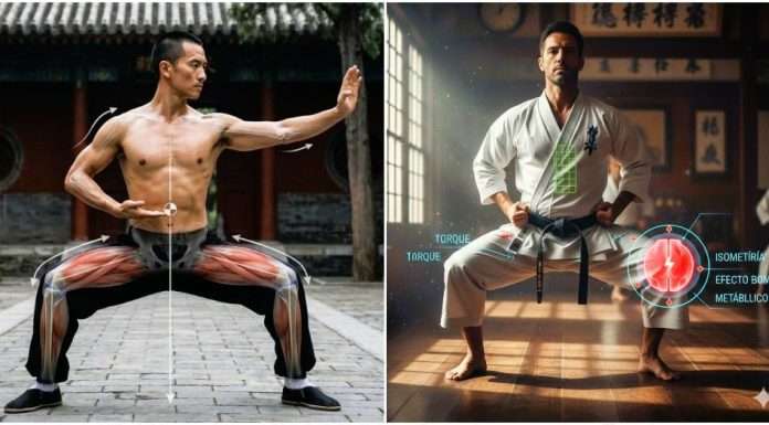 La ciencia detrás de la “Postura a Caballo” y su impacto en el sistema endocrino Hombre practicando la Postura a Caballo de artes marciales con técnica perfecta, ilustrando la alineación biomecánica y el esfuerzo isométrico.