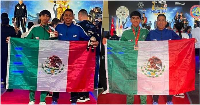 Alan Uribe conquista Turquía y México se corona campeón en la Copa de Muaythai Antalya 2026 Collage de Alan Uribe (oro) y Marlon Jiménez (bronce) con la bandera de México y medallas en la Copa de Muaythai Antalya 2026