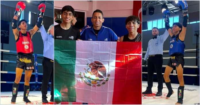 Los mexicanos Marlon Jiménez y Alan Uribe vencen a los locales en la Copa Abierta de Muaythai Antalya 2026. Foto CONADE Collage de la victoria de Marlon Jiménez y Alan Uribe en la Copa Abierta de Muaythai Antalya 2026 junto a su entrenador