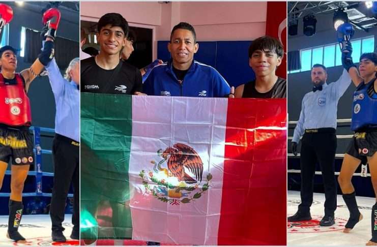 Los mexicanos Marlon Jiménez y Alan Uribe vencen a los locales en la Copa Abierta de Muaythai Antalya 2026 Collage de la victoria de Marlon Jiménez y Alan Uribe en la Copa Abierta de Muaythai Antalya 2026 junto a su entrenador