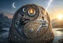 El Yin Yang: El código binario de la naturaleza y el corazón de las artes marciales Imagen realista del Yin Yang tallado en piedra, con practicantes de Tai Chi y Karate, representando el equilibrio binario de la naturaleza y las artes marciales en Sendero Artes Marciales