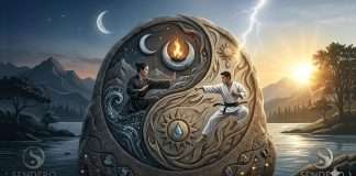 El Yin Yang: El código binario de la naturaleza y el corazón de las artes marciales Imagen realista del Yin Yang tallado en piedra, con practicantes de Tai Chi y Karate, representando el equilibrio binario de la naturaleza y las artes marciales en Sendero Artes Marciales