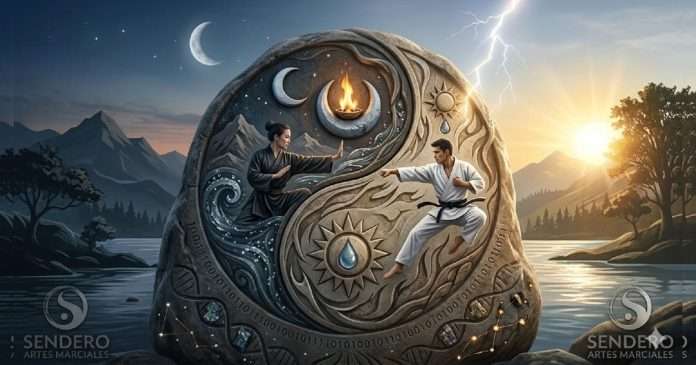Imagen realista del Yin Yang tallado en piedra, con practicantes de Tai Chi y Karate, representando el equilibrio binario de la naturaleza y las artes marciales en Sendero Artes Marciales