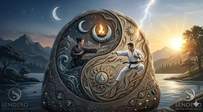 El Yin Yang: El código binario de la naturaleza y el corazón de las artes marciales Imagen realista del Yin Yang tallado en piedra, con practicantes de Tai Chi y Karate, representando el equilibrio binario de la naturaleza y las artes marciales en Sendero Artes Marciales