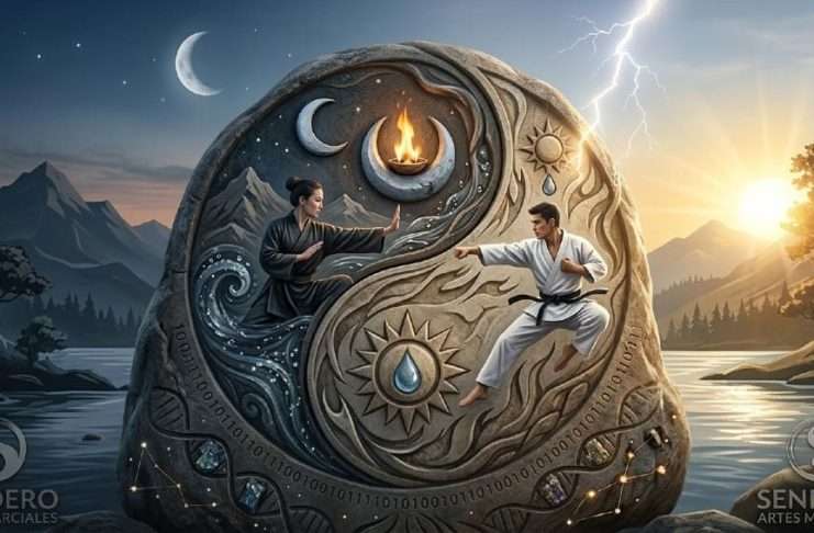 El Yin Yang: El código binario de la naturaleza y el corazón de las artes marciales Imagen realista del Yin Yang tallado en piedra, con practicantes de Tai Chi y Karate, representando el equilibrio binario de la naturaleza y las artes marciales en Sendero Artes Marciales