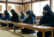 Examen oficial Ninja en Japón con 131 aspirantes que buscan certificarse en la cuna del Kōka-ryū Aspirantes realizan el examen escrito de certificación oficial de la tradición Ninja Kōka-ryū en Japón.