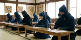 Examen oficial Ninja en Japón con 131 aspirantes que buscan certificarse en la cuna del Kōka-ryū Aspirantes realizan el examen escrito de certificación oficial de la tradición Ninja Kōka-ryū en Japón.