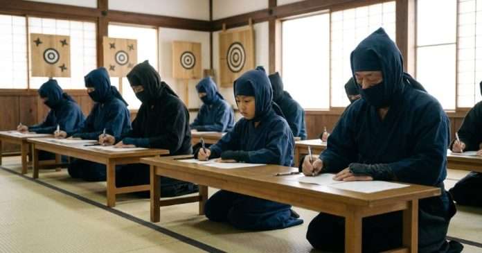 Aspirantes realizan el examen escrito de certificación oficial de la tradición Ninja Kōka-ryū en Japón.