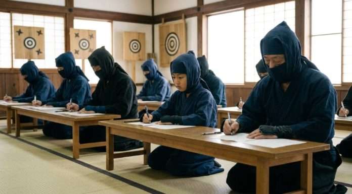 Examen oficial Ninja en Japón con 131 aspirantes que buscan certificarse en la cuna del Kōka-ryū Aspirantes realizan el examen escrito de certificación oficial de la tradición Ninja Kōka-ryū en Japón.