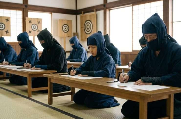 Examen oficial Ninja en Japón con 131 aspirantes que buscan certificarse en la cuna del Kōka-ryū Aspirantes realizan el examen escrito de certificación oficial de la tradición Ninja Kōka-ryū en Japón.