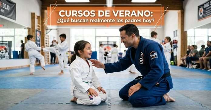 Lo que buscan los padres para sus hijos en las artes marciales, clave para rescatar las vacaciones y resolver sus crisis Profesor enseñando disciplina y confianza a niños en un curso de verano de artes marciales.