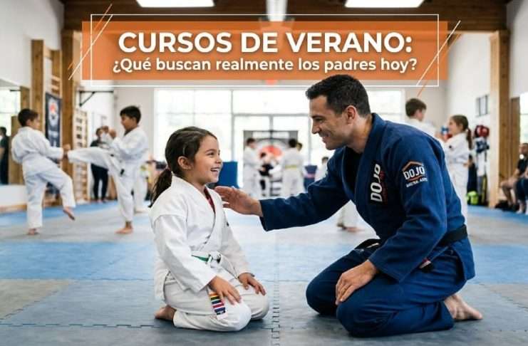 Lo que buscan los padres para sus hijos en las artes marciales: La clave para rescatar las vacaciones y resolver sus crisis Profesor enseñando disciplina y confianza a niños en un curso de verano de artes marciales.
