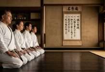 Dojo Kun: El código ético del Karate que transforma el carácter más allá del tatami Practicantes de Karate en posición seiza recitando el Dojo Kun en un dojo tradicional.