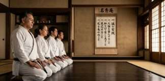 Dojo Kun: El código ético del Karate que transforma el carácter más allá del tatami Practicantes de Karate en posición seiza recitando el Dojo Kun en un dojo tradicional.