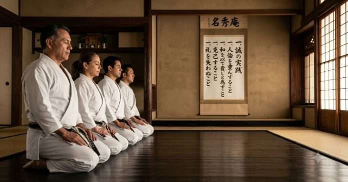 Dojo Kun, El código ético del Karate que transforma el carácter más allá del tatami Practicantes de Karate en posición seiza recitando el Dojo Kun en un dojo tradicional.