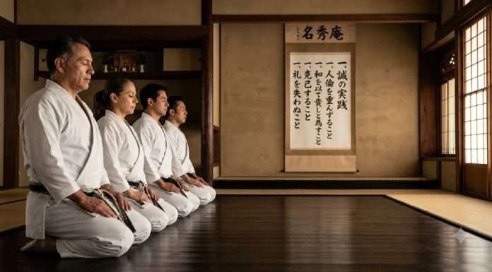 Dojo Kun: El código ético del Karate que transforma el carácter más allá del tatami Practicantes de Karate en posición seiza recitando el Dojo Kun en un dojo tradicional.