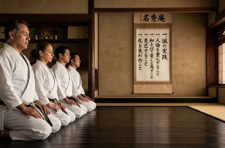 Dojo Kun: El código ético del Karate que transforma el carácter más allá del tatami Practicantes de Karate en posición seiza recitando el Dojo Kun en un dojo tradicional.