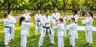 El “bajón” de verano: Estrategias clave para que tu escuela no se vacíe durante las vacaciones Clase de karate al aire libre integrada por padres e hijos durante las vacaciones de verano.