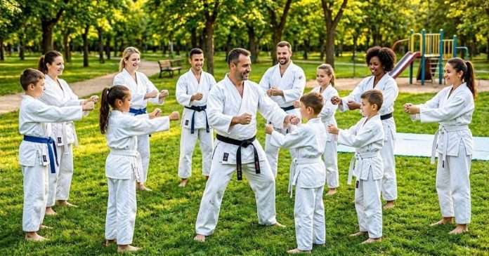 El bajón de verano, Estrategias clave para que tu dojo no se vacíe durante las vacaciones Clase de karate al aire libre integrada por padres e hijos durante las vacaciones de verano.
