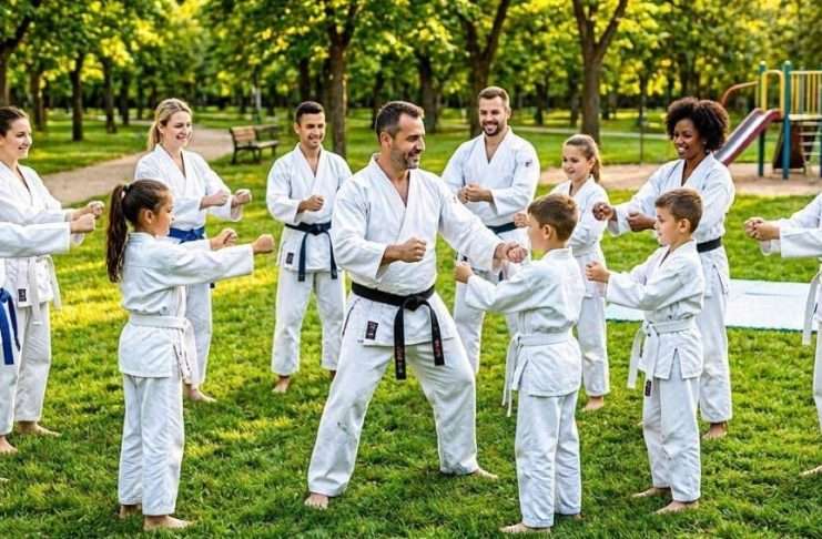 El “bajón” de verano: Estrategias clave para que tu escuela no se vacíe durante las vacaciones Clase de karate al aire libre integrada por padres e hijos durante las vacaciones de verano.