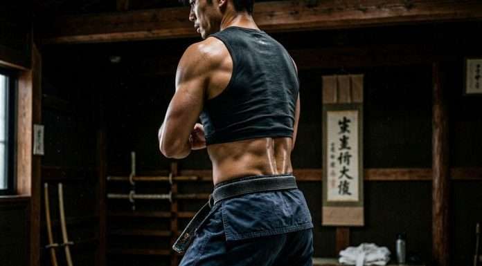 El motor invisible del peleador: Por qué el CORE es el secreto detrás de cada golpe Atleta marcial mostrando la activación muscular del torso y espalda baja durante un entrenamiento funcional.