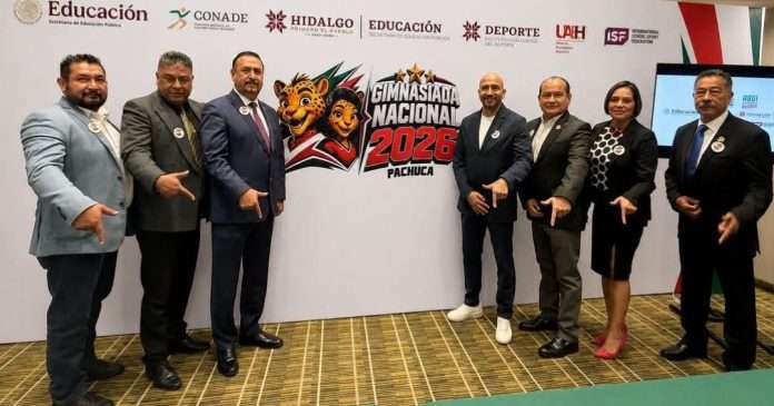 Presentación oficial de la Gimnasiada Nacional en el estado de Hidalgo con autoridades deportivas.