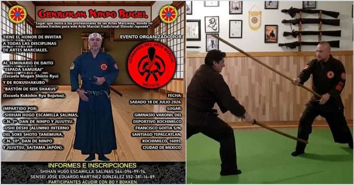 La Genbukan Ninpo Bugei anuncia Seminario de Armas Tradicionales Japonesas en Xochimilco Practicante de artes marciales tradicionales japonesas ejecutando una técnica con Boken.