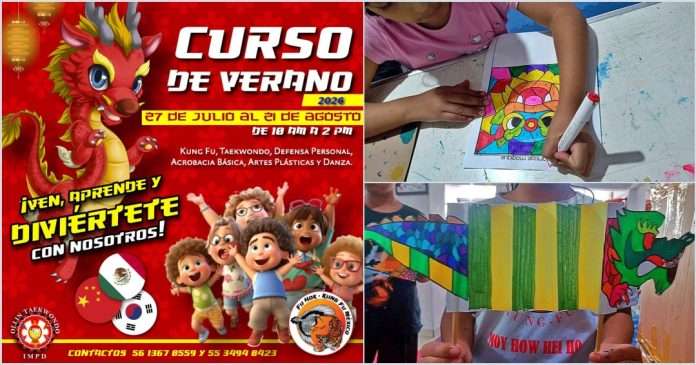 Niños practicando disciplinas marciales y actividades culturales en un curso de verano.
