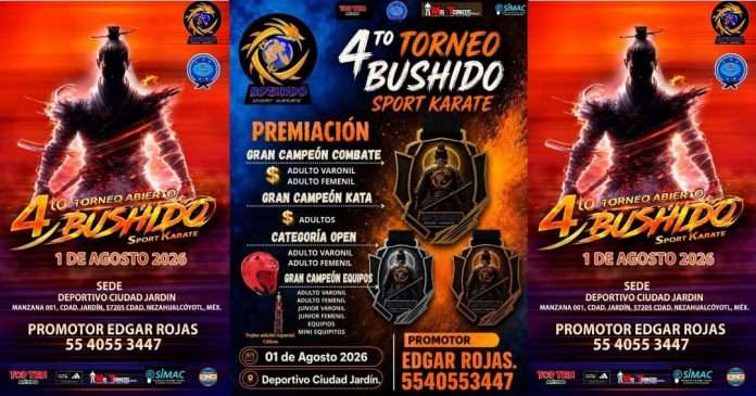 Premios en efectivo y trofeos especiales marcarán el 4 Torneo Bushido Sport Karate en Neza El certamen del 1 de agosto en el Estado de México ofrecerá una premiación histórica para los competidores.