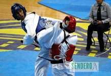 Quito arderá de emoción con el Panamericano Infantil y la Copa de las Naciones de Taekwondo 2026 Intercambio técnico de combate Kyorugi de Taekwondo con patada alta a la careta durante un torneo oficial.