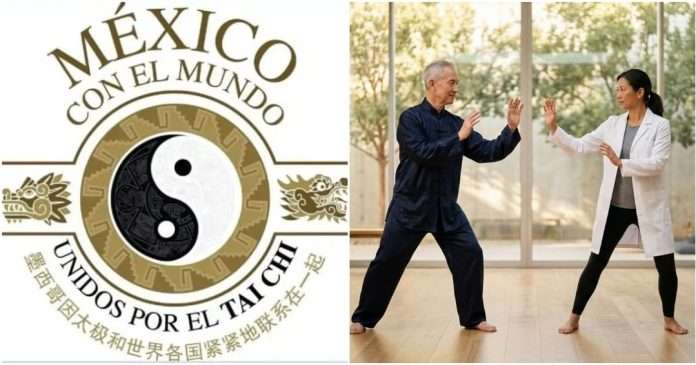Instructores de Taichi mostrando la Forma 8 estilo Yang para la transmisión en vivo.