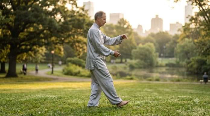 “Taichi walking”, la tendencia fitness inspirada en las Artes Marciales Chinas Practicante realizando la técnica de Taichi walking en un parque.