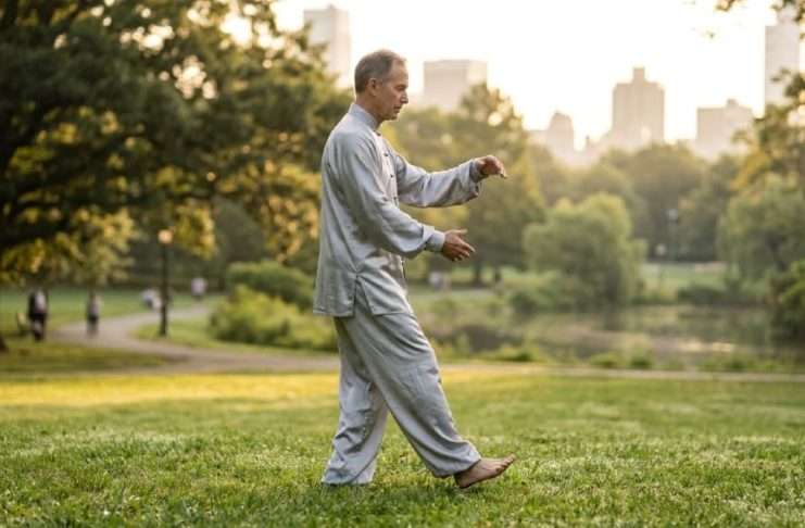 “Taichi walking”, la tendencia fitness inspirada en las Artes Marciales Chinas Practicante realizando la técnica de Taichi walking en un parque.