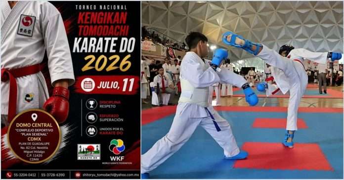 Todo listo para el Torneo Nacional Kengikan Tomodachi 2026 en el Plan Sexenal Áreas de competencia instaladas en el Domo del Plan Sexenal para un torneo nacional de karate.