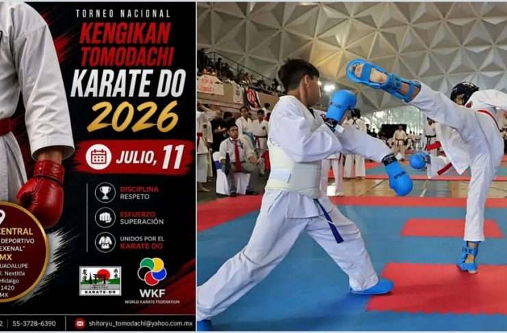 Todo listo para el Torneo Nacional Kengikan Tomodachi 2026 en el Plan Sexenal Áreas de competencia instaladas en el Domo del Plan Sexenal para un torneo nacional de karate.