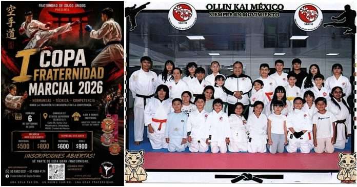 Competidores de Karate Do practicando para la I Copa Fraternidad Marcial en Iztapalapa.