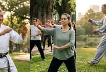 En el Día del Abuelo: Artes marciales, la mejor medicina en la tercera edad Adultos mayores practicando artes marciales y Tai Chi para mejorar su salud en la tercera edad.