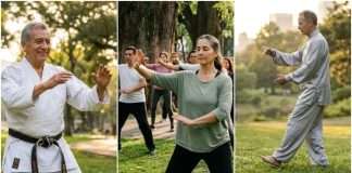 En el Día del Abuelo: Artes marciales, la mejor medicina en la tercera edad Adultos mayores practicando artes marciales y Tai Chi para mejorar su salud en la tercera edad.