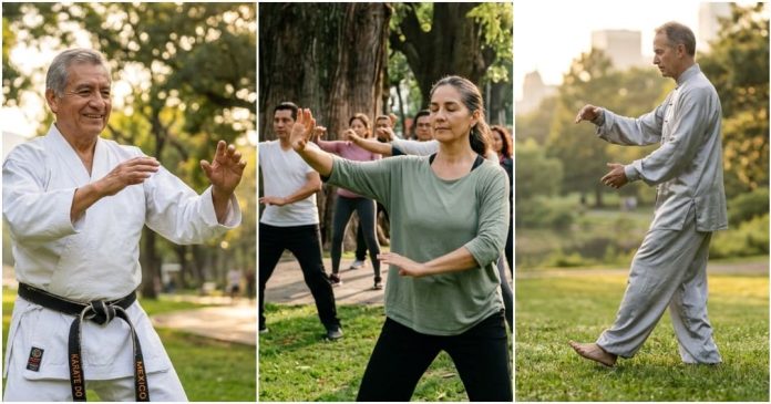 En el Día del Abuelo, Artes marciales, la mejor medicina en la tercera edad Adultos mayores practicando artes marciales y Tai Chi para mejorar su salud en la tercera edad.