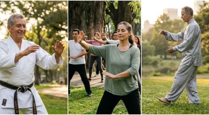 En el Día del Abuelo: Artes marciales, la mejor medicina en la tercera edad Adultos mayores practicando artes marciales y Tai Chi para mejorar su salud en la tercera edad.