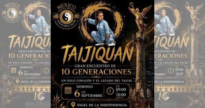 Práctica masiva de Taichi a un costado del Ángel de la Independencia en la CDMX.