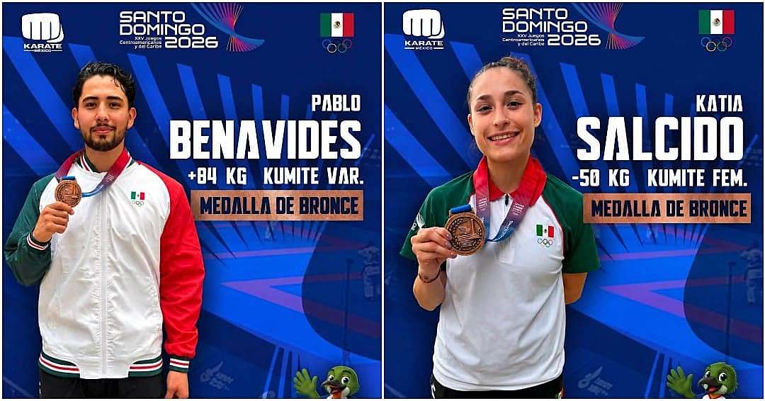 Katia Salcido y Pablo Benavides ganadores de medalla de bronce en karate en Santo Domingo 2026.