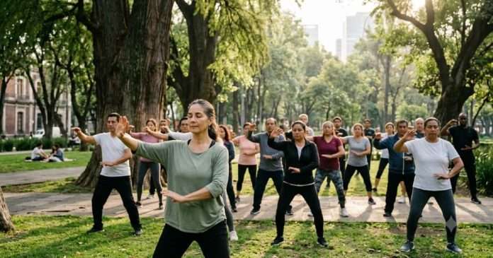 La meditación en movimiento del Taichi llegará al Bosque de Chapultepec Clase abierta de Taichi en la Fuente de Nezahualcóyotl del Bosque de Chapultepec.