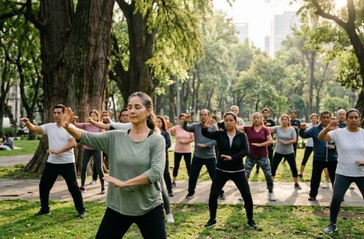 La meditación en movimiento del Taichi llegará al Bosque de Chapultepec Clase abierta de Taichi en la Fuente de Nezahualcóyotl del Bosque de Chapultepec.