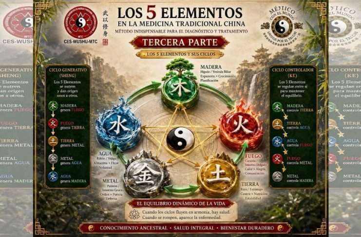 Los Ciclos Generativo y Controlador de los 5 Elementos en “Acupuntura, el Arte de Fortalecer tu Salud” Diagrama de los 5 Elementos y sus Ciclos Generativo y Controlador en Medicina Tradicional China.