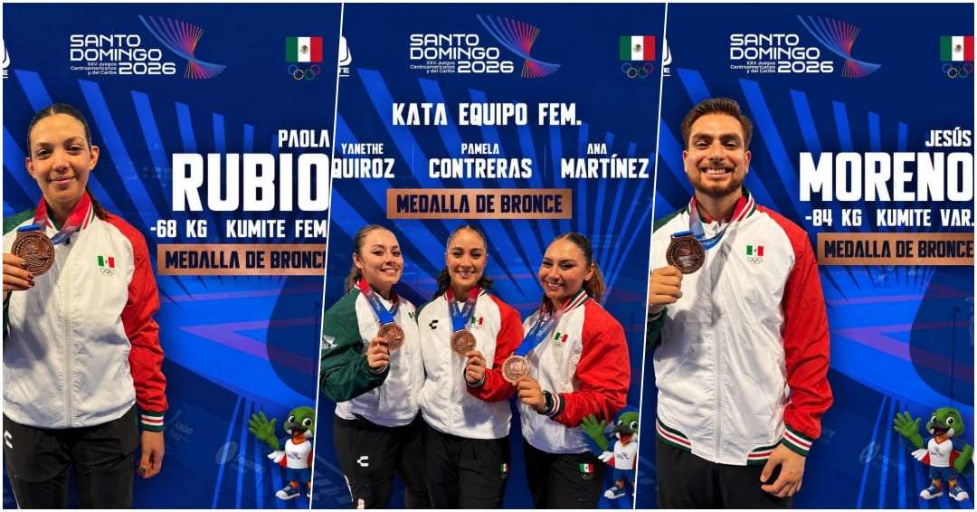 Medallistas mexicanos de karate en la segunda jornada de los Juegos Centroamericanos Santo Domingo 2026.